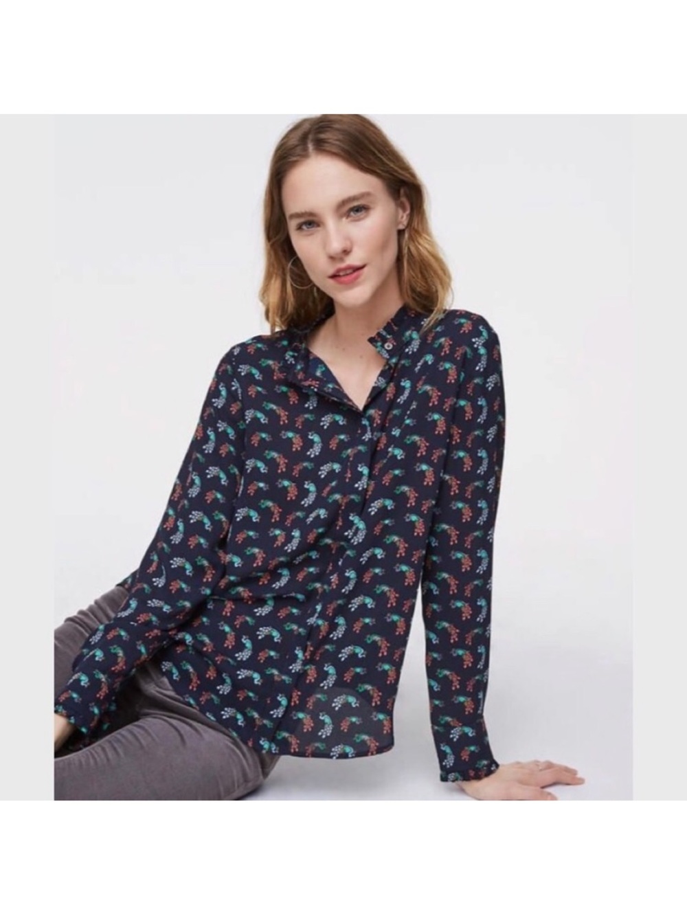 LOFT Peacock Button Down Navy Blue Blouse Size XS
